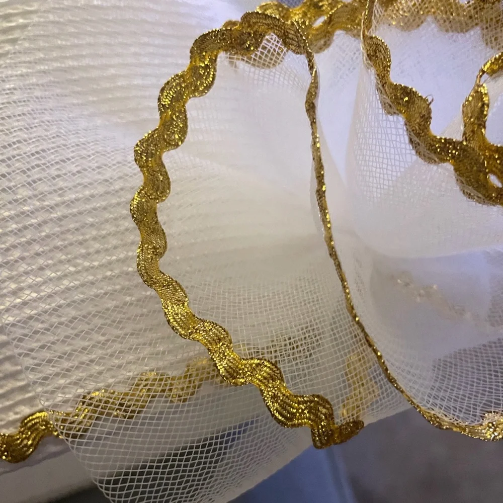 Hat Women's White Pillbox gold trim Large Mesh Bow church hat